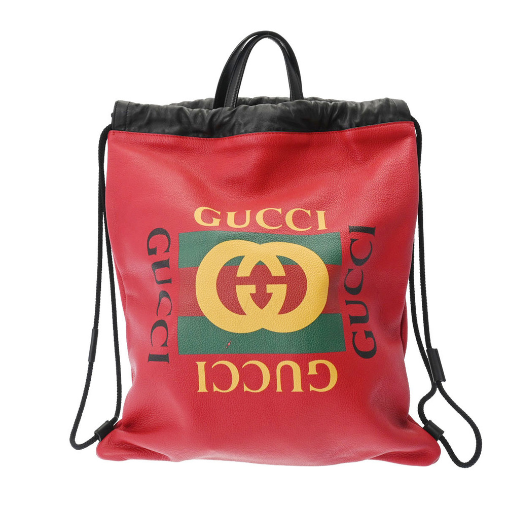 GUCCI Drawstring Backpack Red Black Calfskin Leather Rucksack Daypack